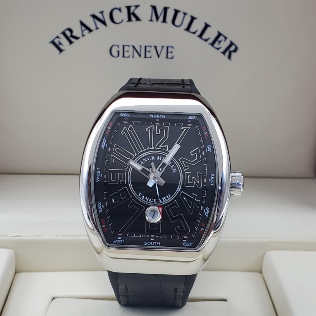 Franck Muller Vanguard Black Dial Silver Case Leather Strap