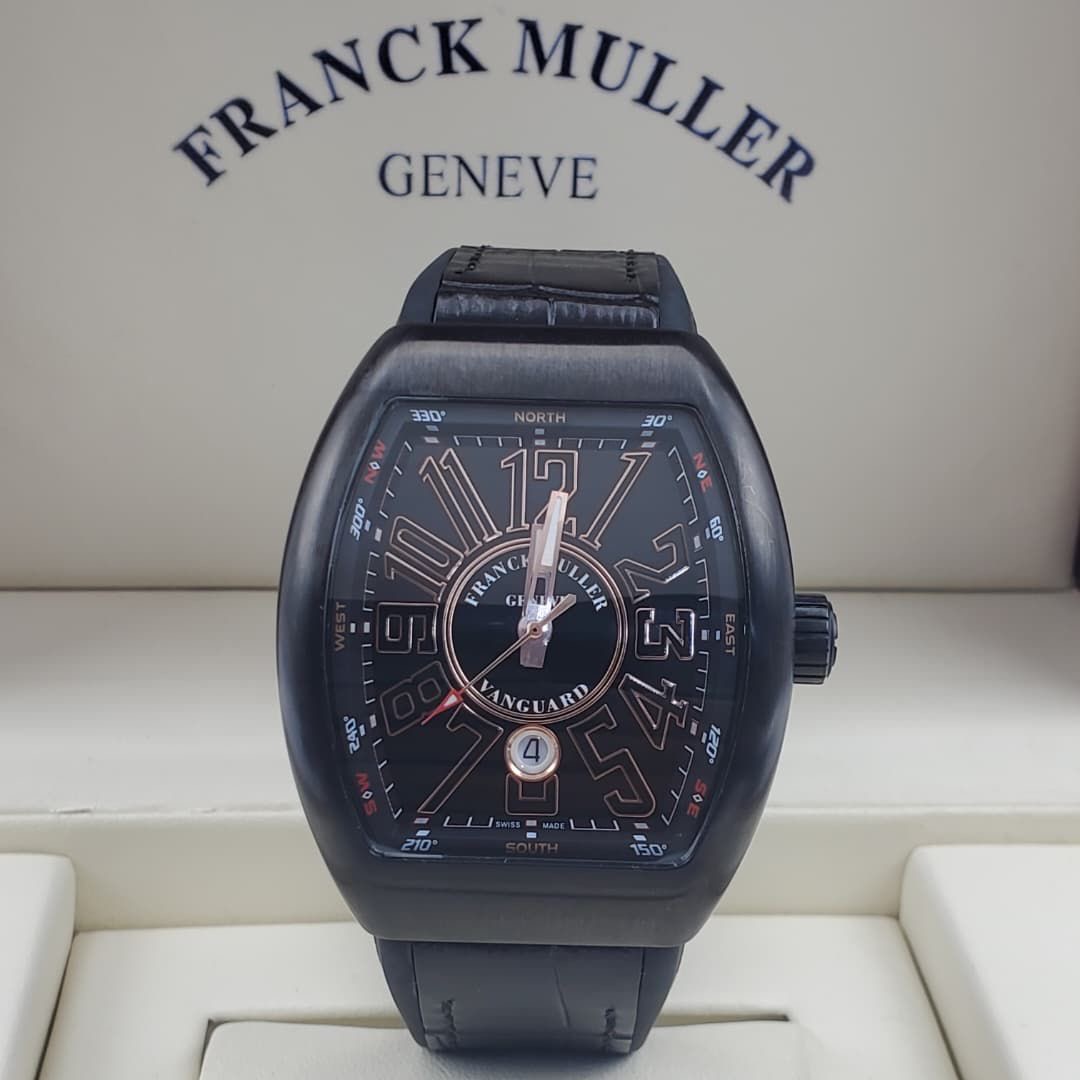 Franck Muller Vanguard Black Dial Black Case Leather Strap