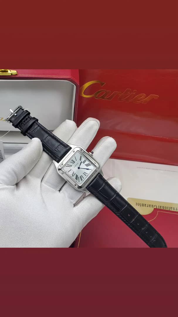 Cartier Santos Steel White Dial Leather Strap